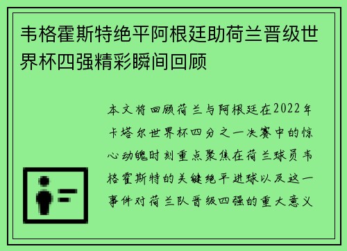韦格霍斯特绝平阿根廷助荷兰晋级世界杯四强精彩瞬间回顾